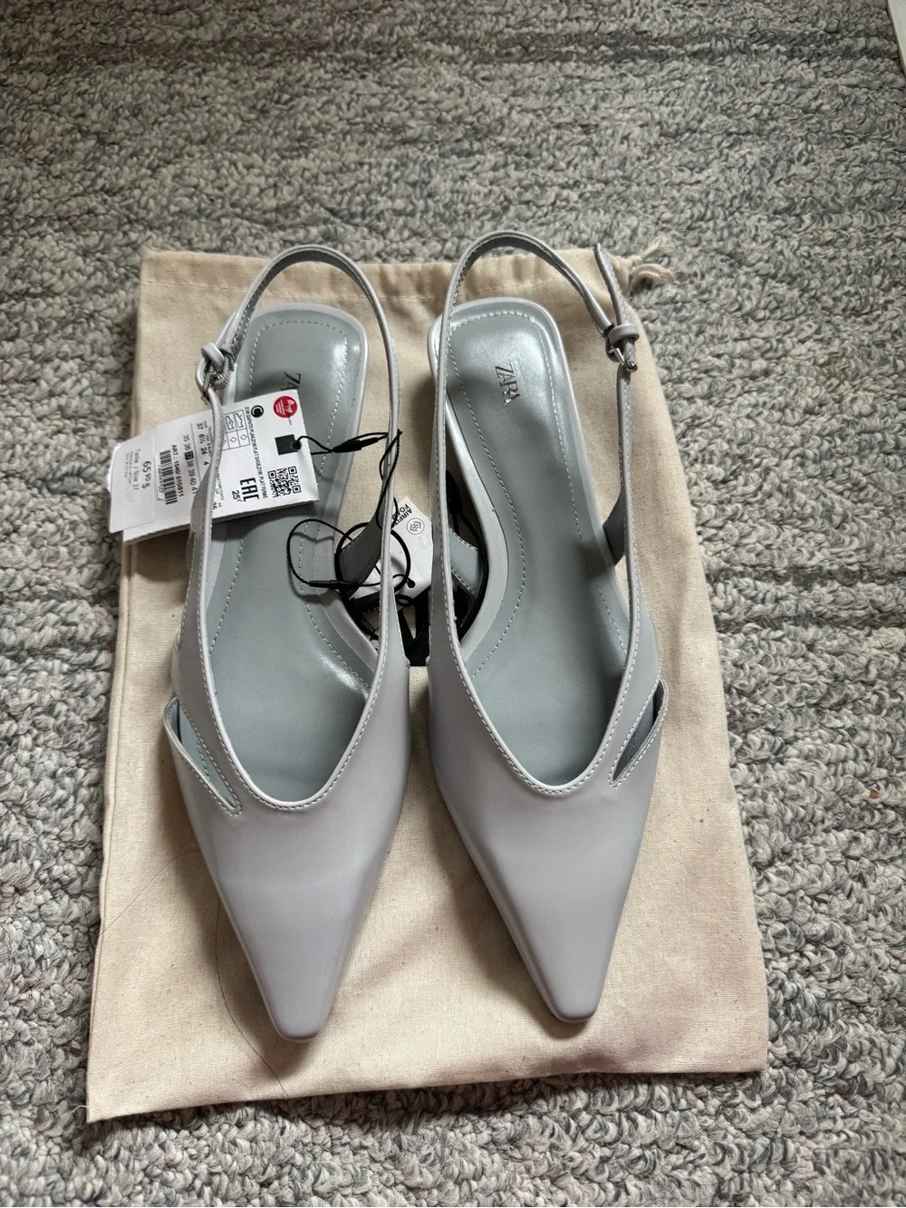 New with Tags Zara Women Pointed Slingback Heels Flats Pastel Light Blue Size 37 - Picture 6 of 9